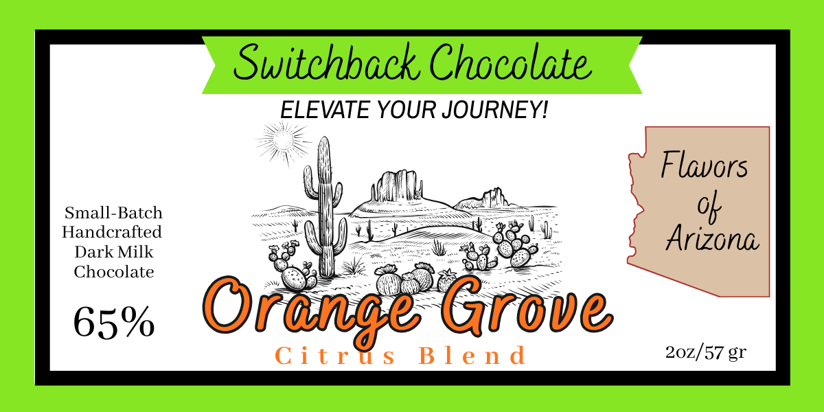 Switchback Chocolate packaging with desert scene illustration and 'Flavors of Arizona' text on a green border.