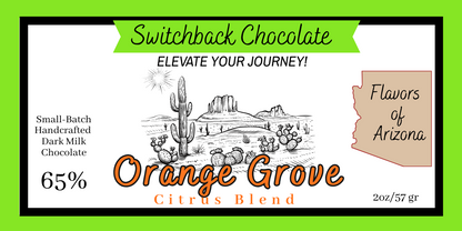 Switchback Chocolate packaging with desert scene illustration and 'Flavors of Arizona' text on a green border.