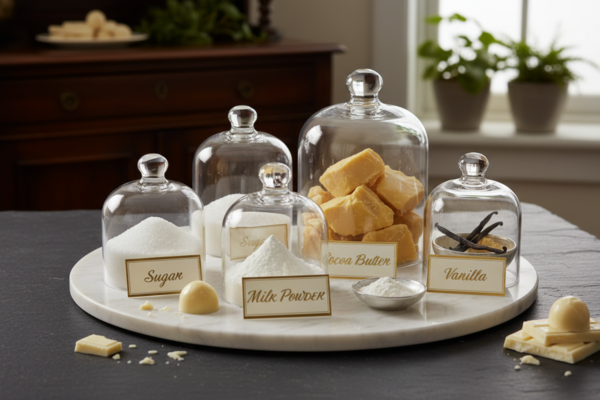 Set of glass jars with labels on a marble tray, containing various ingredients.